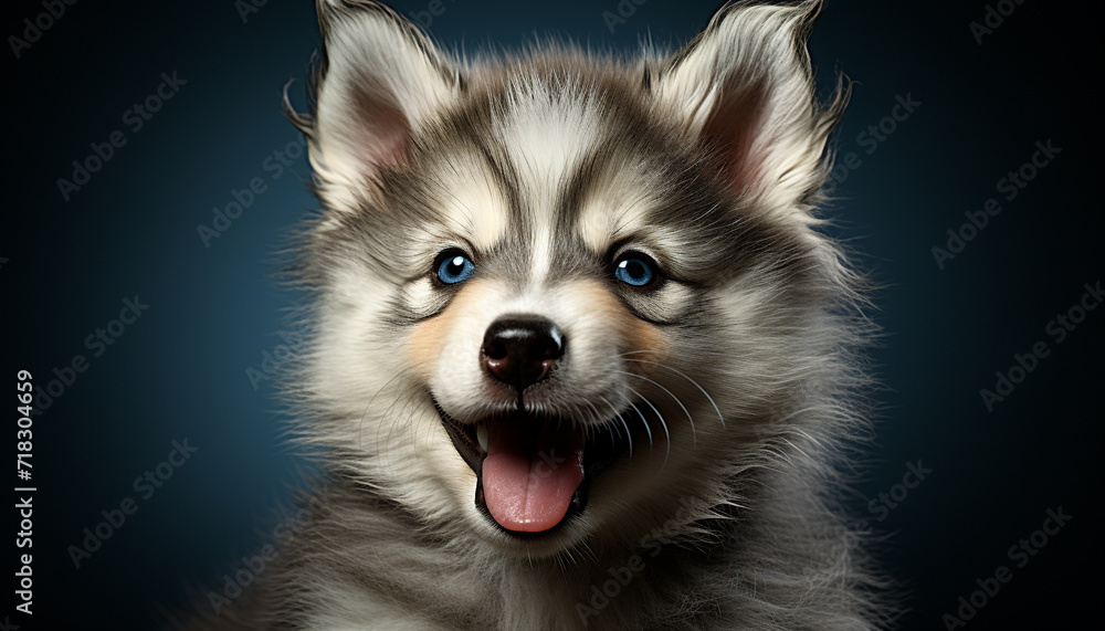 Cute puppy sitting, looking at camera, blue eyes generated by AI