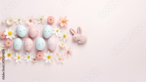  a group of pastel colored easter eggs with flowers and a bunny figurine on a light pink background.