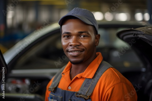 african worker man portrait in a car factory