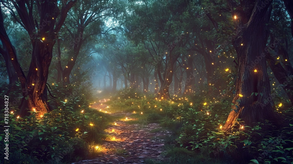 Enchanting Forest Glowing With Countless Fireflies