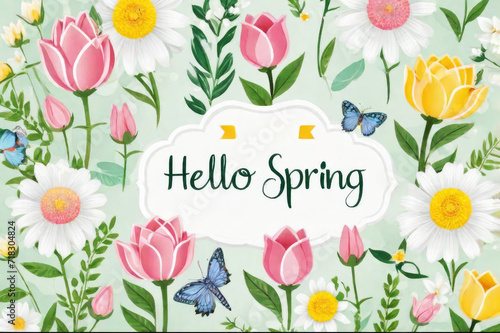 Phrase Hello spring on pastel background with flowers  frame of flowers  spring