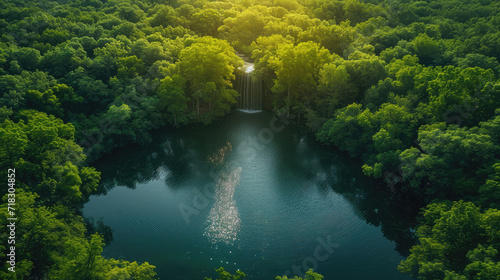 Sunlight piercing through forest canopy onto a serene lake.