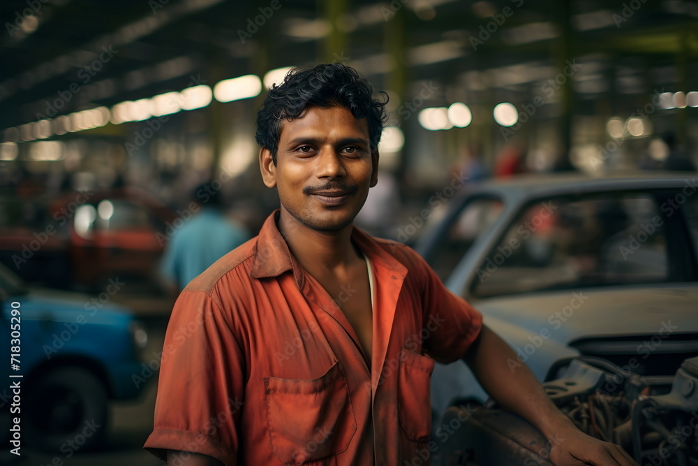 indian worker man portrait in a car factory