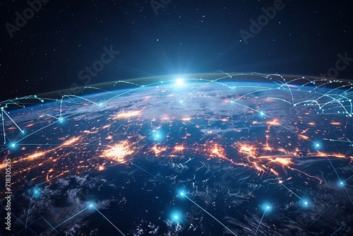 Global communication network encircling Earth in space, connecting the world through a cosmic grid generative ai