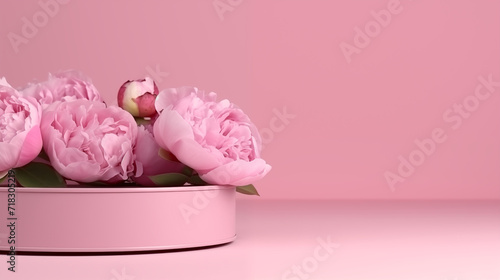 Présentoir, boîte rose. Composition florale de branches et fleurs, pivoines. Pour produit cosmétique ou de beauté. Naturel, élégant, féminin. Pour conception et création graphique. photo