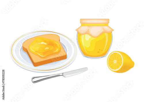 Toasted bread with lemon jam vector illustration. Toast on a plate and lemon curd breakfast still life vector. Jam jar with lemons and slice of bread icon set on a white background