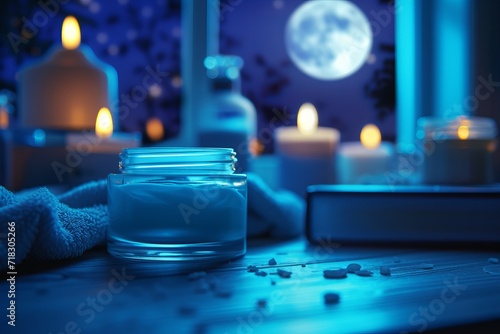Night skincare routine with a moisturizing cream jar, candles and a vivid full moon backdrop photo