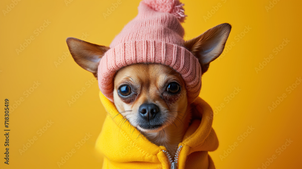 charming Chihuahua dressed in vivid yellow hoodie and a cute pink beanie stands out against a matching yellow background