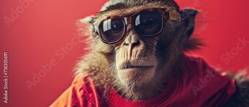 A monkey wearing sunglasses and a red shirt. Generative AI.