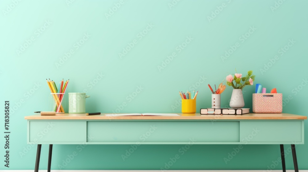 a desk with a bunch of pens, pencils, and a pot of flowers sitting on top of it. a desk with a bunch of pens, pencils, and a pot of flowers sitting on top of it.
