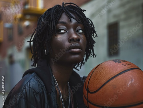 A young woman with dreadlocks holding a basketball. Generative AI. © Natalia