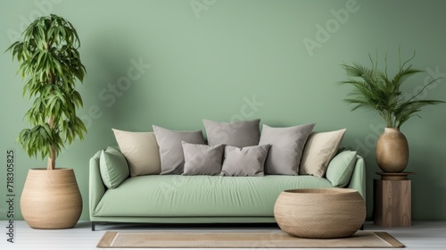  a living room with a couch, potted plant, rug and potted plant in front of a green wall.