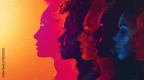 cross cultural, racial equality, multi ethical, diversity people. woman, man, children empowerment, tolerance, discrimination. wide banner background of human profile silhouette, vector illustration