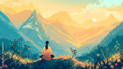 Illustration of a woman practicing meditation, yoga, and relaxation in her calm mountains, with tranquility, peaceful mind, well-being, and serenity - Generated by Generative AI photo