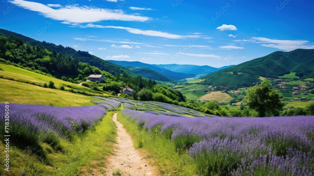  a dirt road in the middle of a field with lavender flowers in the foreground and mountains in the background.