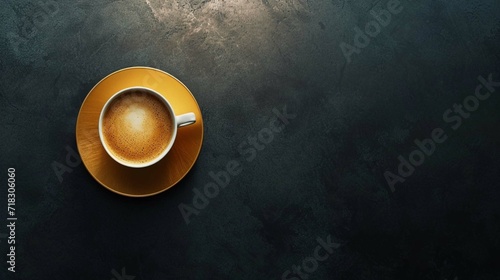 Cup of coffee on gold black background. Minimalistic flat lay. Top view.