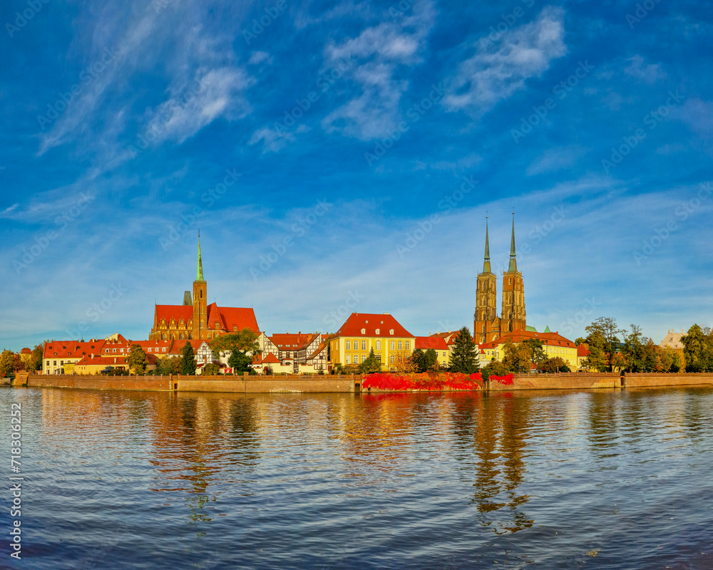 Panoramic view of Cathedral Island over Odra river in old town Wroclaw, Poland