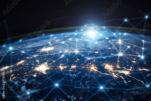 Global communication network encircling Earth in space  connecting the world through a cosmic grid generative ai