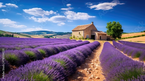  a house in the middle of a field of lavenders in front of a blue sky with a few clouds.