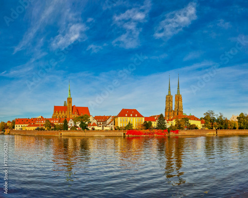 Panoramic view of Cathedral Island over Odra river in old town Wroclaw, Poland photo