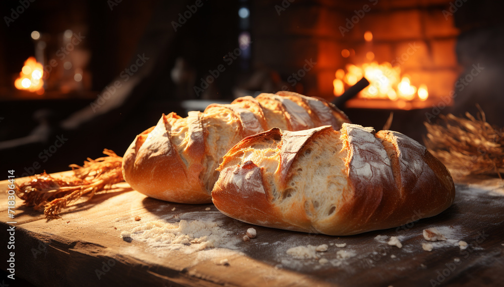 Freshly baked bread on a rustic table, ready to eat and delicious generated by AI Freshly baked bread on a rustic table, ready to eat and delicious generated by AI