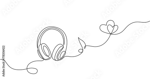 Headphones with music notes continuous one line drawing. Lineart concept of musical symbol. Vector illustration.