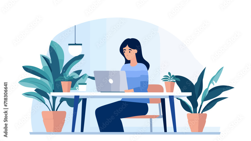 copy space, flat vector illustration, no text, International Girls in ICT Day vector illustration. Woman using laptop icon vector. Woman using computer technology. Female using a laptop. copy space, flat vector illustration, no text, International Girls in ICT Day vector illustration. Woman using laptop icon vector. Woman using computer technology. Female using a laptop.