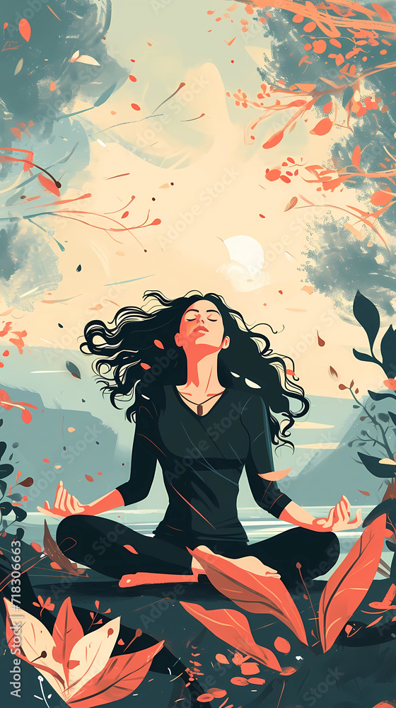 Illustration of a woman practicing meditation, yoga, and relaxation in her calm mountains, with tranquility, peaceful mind, well-being, and serenity - Generated by Generative AI Illustration of a woman practicing meditation, yoga, and relaxation in her calm mountains, with tranquility, peaceful mind, well-being, and serenity - Generated by Generative AI