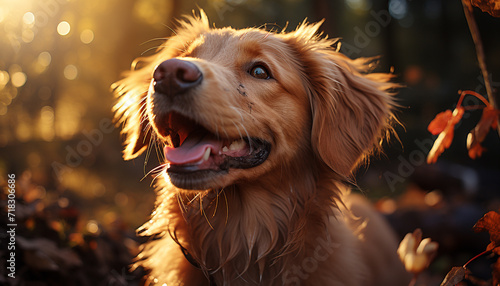 Cute puppy sitting outdoors, enjoying the autumn sun generated by AI © Jemastock