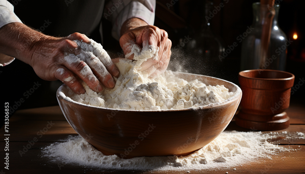 Fototapeta premium One person preparing homemade bread, kneading dough on wooden table generated by AI