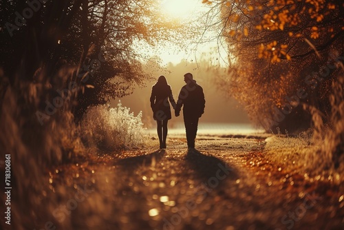 A serene autumn stroll through the park, where people enjoy walking amidst the trees, leaves, and fog, creating a peaceful outdoor atmosphere with a touch of love and nature
