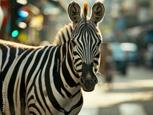 A zebra standing on a street. Generative AI. © Natalia