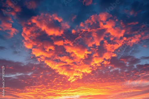Fiery Sunset Sky with Dramatic Cloudscape in Beautiful Orange and Red Tones, Illuminated by the Warm Sunlight of Dusk. The concept of love is heart-shaped clouds.