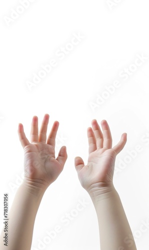 Two kid's hands reaching up to the sky. Generative AI.