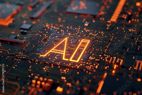 The electronic circuit board has an AI system that processes it. Computer operation, 3D rendering, futuristic background