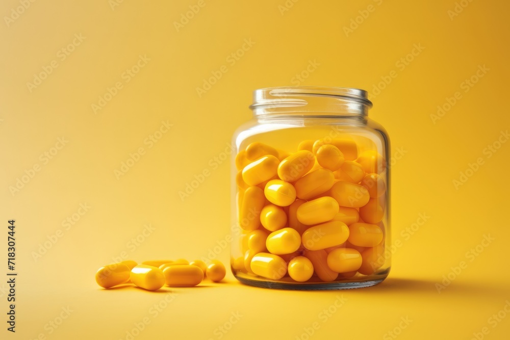 yellow pills in a jar on a white background. Get treatment. Vitamins. Dietary supplement yellow pills in a jar on a white background. Get treatment. Vitamins. Dietary supplement