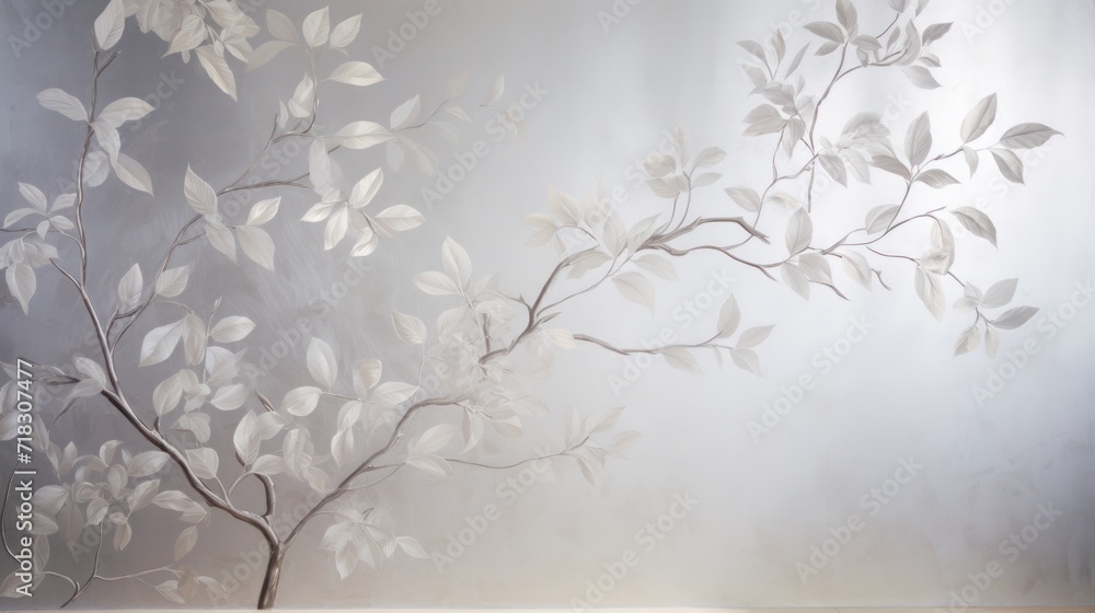a painting of a tree branch with white leaves on a gray background with a light reflection of the leaves on the wall. a painting of a tree branch with white leaves on a gray background with a light reflection of the leaves on the wall.