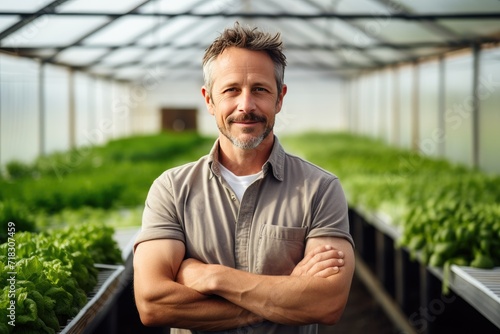 Potrait of a vegetable grower working in a large industrial greenhouse growing vegetables and herbs. Farmer