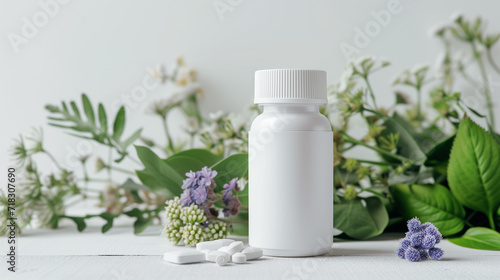 Mockup of an empty white plastic jar for vitamins and supplements on a background of medicinal herbs 