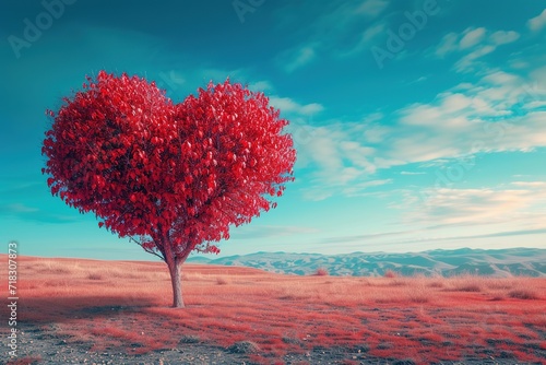 Love-filled Landscape  A heart-shaped tree floats in the sky above a serene sea  surrounded by a vivid mix of red  blue  and white hues  capturing the essence of nature s affectionate embrace on a sun