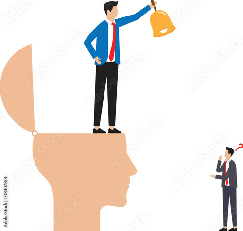 The concept of self-awareness and self-acceptance or personality, psychological state in behavior or a feeling of individuality, businessman rings a bell in a big head and awareness of his existence.
