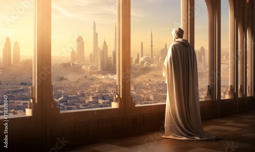 Silhouette of a muslim man in a white robe with a hood looking at the city.