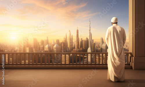 Silhouette of a muslim man in a white robe with a hood looking at the city. © Darcraft
