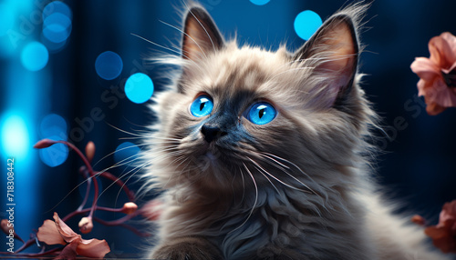 Cute kitten sitting, staring with blue eyes, playful and fluffy generated by AI