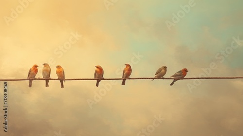  a group of birds sitting on top of a power line with clouds in the sky in the background on a cloudy day.