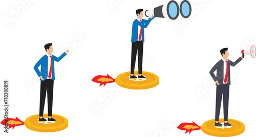 Concept of united business team flying astride money on the way to goals and success concept
