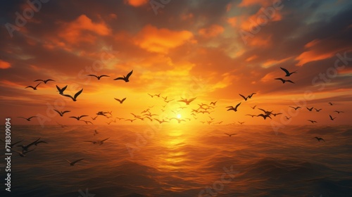 a flock of birds flying over a large body of water during a sunset or sunrise or sunset with a flock of birds flying over a large body of water during a sunset or sunset or sunset.