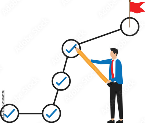 Strategic planning workflow or project progress, tracking business strategy steps brainstorming or competitor analysis, business success and business planning.
