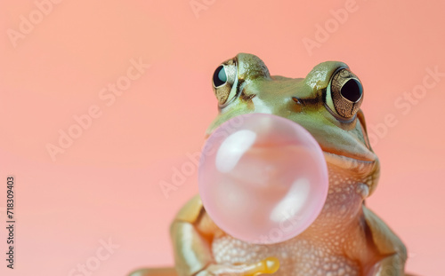 Frog blowing bubble gum. AI generative art