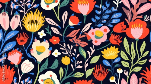  a bunch of colorful flowers that are on a black background with red, yellow, blue, and green leaves.